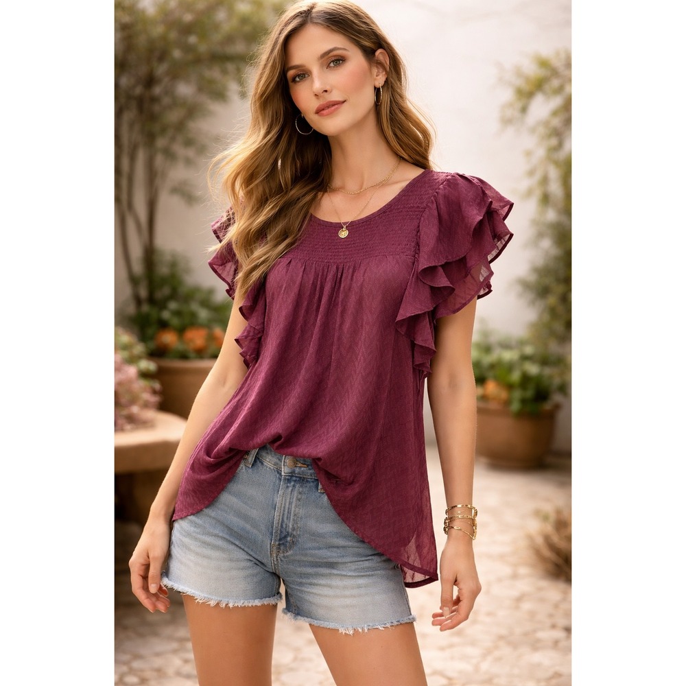 Meadow Rue Anthropologie Plum Ruffle‎ Sleeve Blouse Women's Size 2